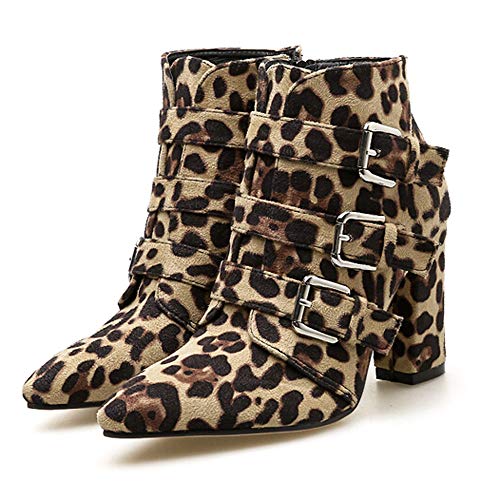 Sale! Teresamoon Women Snakeskin Pattern Toe Zip Belt Buckle Thick Pointed Booties Shoes Boots