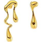 Irregular Waterdrop Earrings Mismatched Earrings, Melting Liquid Asymmetrical Stainless Steel Drop Earrings, Gold Statement Earrings for Women