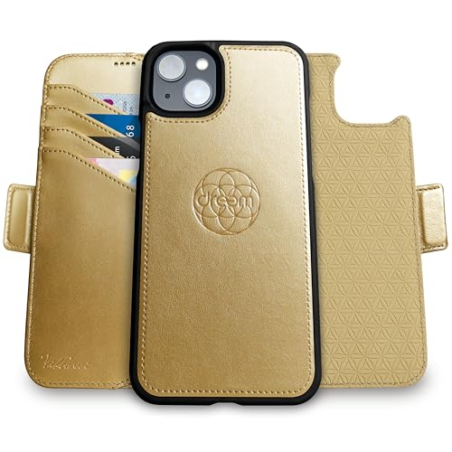 Dreem Lederhülle für iPhone 15 - Revolutionärer Ständer & Kartenfach, Abnehmbare Magnetische Hülle, MagSafe-Ready, RFID-Blocker, Wallet-Case aus Vegan