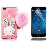 Bonice Phone Case for iPhone 7 Plus Cute Cartoon Rabbit Bling Diamond Crystal Clear Soft Transparent TPU 3D Cute Ear Stand Silicone Case with Hairball Pompon Wristlet + HD Screen Protector - Pink