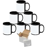 MR.R 11oz Set of 6 Sublimation Blanks Black Full Color Ceramic Coffee Mug with White Patch for heat transfer printing