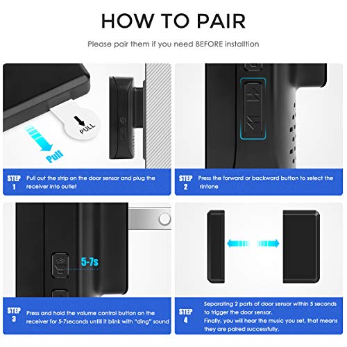 Door Sensor Wireless Alarm Chime Kit for Home/Office/Store, Coolqiya Doorbell Entry Alert System Operating at 600FT Range With 4 Volume Levels 52 Melodies, 3 Door Sensors + 2 Plug-in Receivers (Black)