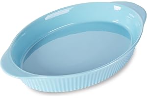 LEETOYI Porcelain 9x13 Large Oval Au Gratin Pans,Baking Dish for Servings, Bakeware with Double Handle for Kitchen and Home (Turquoise)