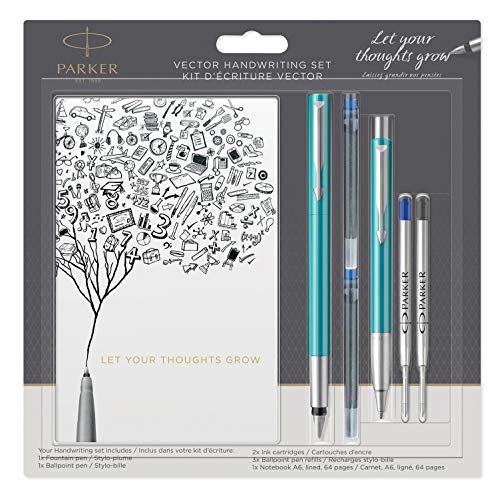 Parker Vector Blue Green Fountain Pen and Ballpoint Pen Set with Notebook, 2 Ink Cartridges and 2 Ballpoint Refills