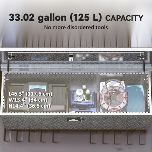 HOMCOM 48 Inch Truck Bed Tool Box, Heavy Duty Aluminum Diamond Plate Trailer Tongue Box with Side Handle and Locks Keys, Storage Organizer for Trailers, RVs, Pick Up