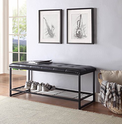 Black Bonded Leather Shoe Storage Bench for Entryway / Bedroom 48