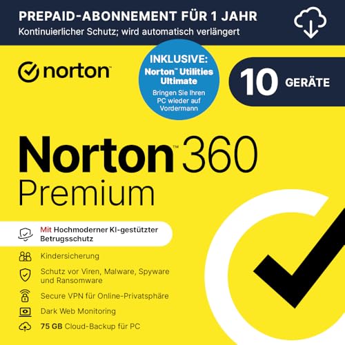 Norton 360 Premium + Utilities Ultimate 2026 | 10 Geräte | 1-Jahres Abonnement mit automatischer Verlängerung | Aktivierungscode per Email
