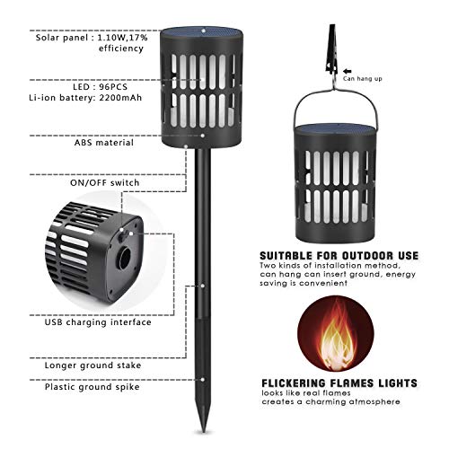 Bebrant Solar Flame Lanterns Flickering Flames Solar Torch Lights Outdoor Hanging Lanterns Solar Powered and USB Charging Solar Lantern Waterproof Decoration Lighting Dusk to Dawn Auto On/Off (4 Pack) - Thumbnail 2