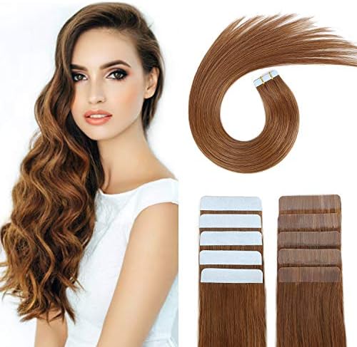 SUYYA Tape in Hair Extensions Human Hair Chestnut Brown 100% Remy Human Hair 16 inches 20pcs 40g/pack Straight Seamless Skin Weft Tape Hair Extensions(16 inches 6# Medium Brown)
