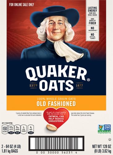 QUAKER OLD FASHIONED ROLLED OATS, NON GMO PROJECT VERIFIED, TWO 64OZ BAGS IN BOX, 90 SERVINGS, 4 POUND (PACK OF 2)