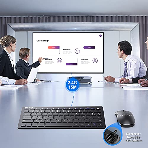 TECKNET Silent Wireless Keyboard, Mini Ergonomic Keyboard and Mouse Ultra Thin, Working Distance of 15 M, 2.4G Mini Portable Keyboard for PC/Smart TV/Computer (Spanish, with Ñ)