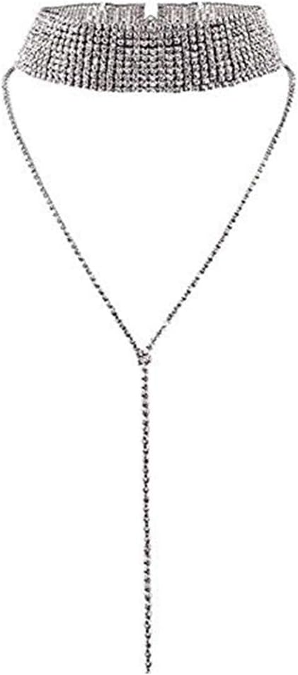 Rhinestone Diamond Choker for Women Multi-Layer Wide Collar Body Necklace Tassel Chain Costume Jewelry Gold Silver 2 Colors 1 Pc