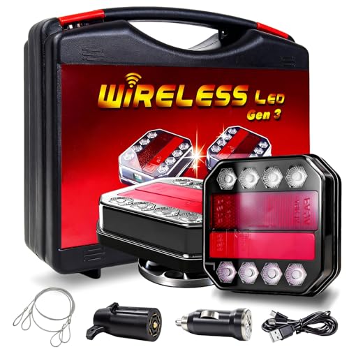 GEN-3 Wireless Trailer Lights Magnetic Kit, 100ft Bluetooth Wireless Tail Lights, USB-C Quick-Charge Car LED Trailer Lights, DOT Certified IP65 Waterproof for Trucks, Boat, RV, Vehicle
