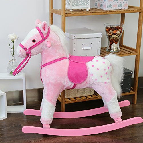 Kinbor Baby Kids Toy Plush Wooden Rocking Horse Boy Riding Rocker with Sound, Pink