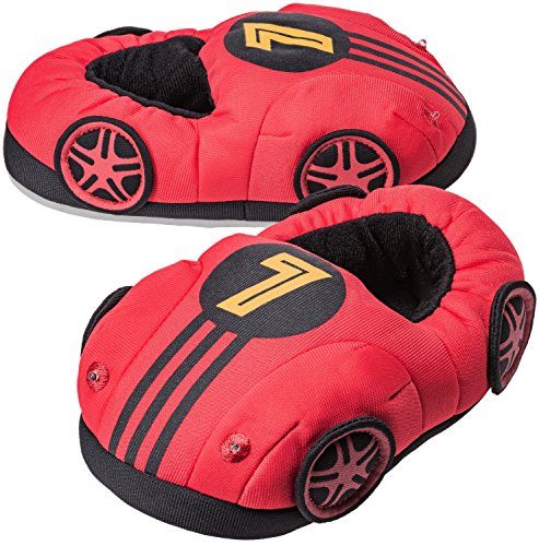Trimfit Kids  Light-up Race Car Plush Moccasin Slipper,Red,11/12 Child US Big Kid