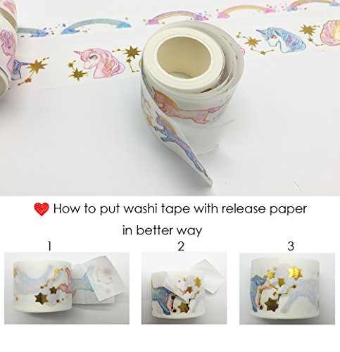 lovielf Unique Design Watercolor Unicorn Gold Foil Glitter Feather Rainbow Washi Tape Set of 4 Rolls – Planner Decorative DIY Japanese Masking Adhesive Sticky Paper Washi Tape Set