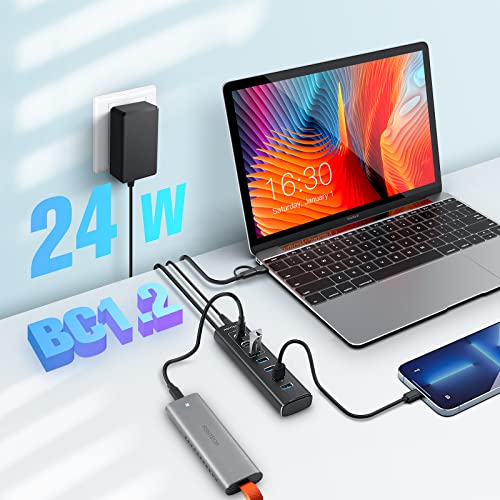 USB Powered Hub, RSHTECH 7 Ports USB 3.2/USB C Hub with USB-A 3.2 to 10Gbps, 2 USB-C 3.2, 4 USB 3.0 Ports to 5Gbps, USB C Hub Aluminum Data Cable 1m, Power Supply 24W, RSH-A107C