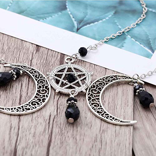 Tgirls Boho Pentagram Hair Chain Crescent Moon Head Chain Black Rhinestone Jewelry Headdress for Women and Girls - Thumbnail 2