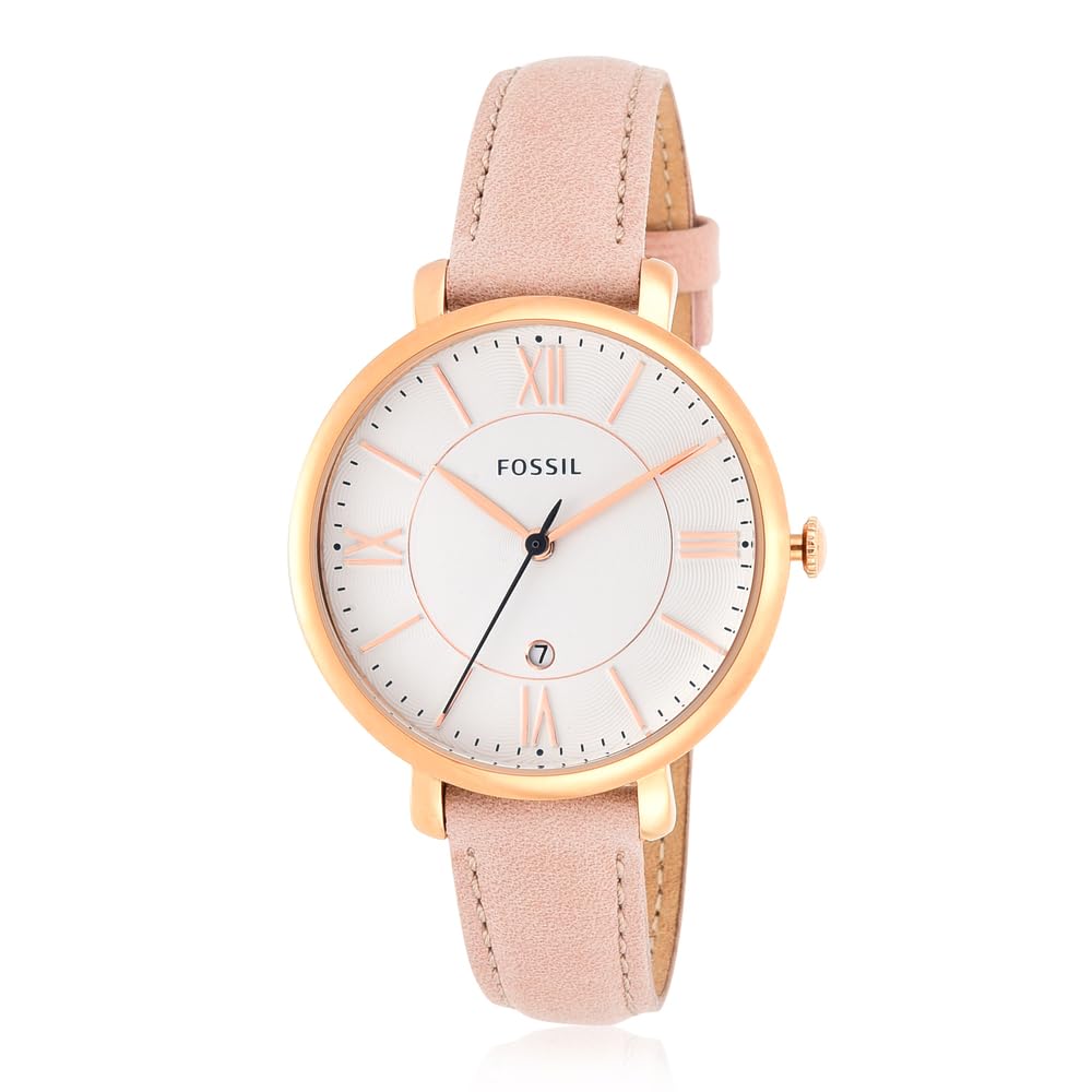 FOSSIL Jacqueline Leather Watch – Analogue Women's Quartz Wrist Watch with Date Function in Gift Box - Rose Gold Stainless Steel Case