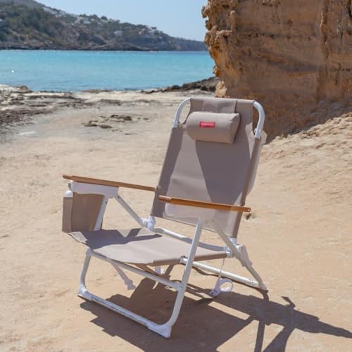- Levar 2 cadeiras dobráveis para praia ou campismo - reclinável em 5 posições - bolso isolado a frio - bolso para telemóvel - pegas para mochila - almofada ergonómica - alumínio e têxtil