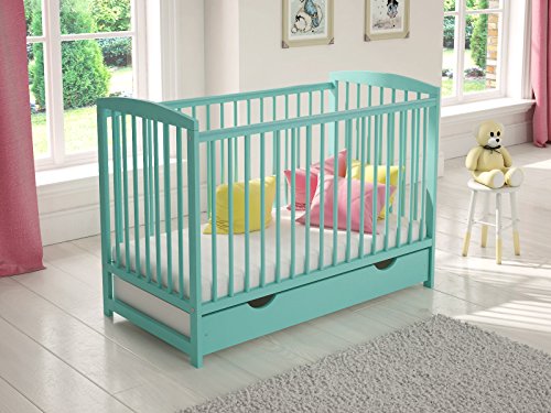 White Wooden Baby Cot With Drawer 120x60cm Foam Mattress