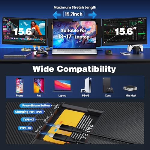 CIDETTY New Upgrad Laptop Screen Extender Monitor Portable, Ultra Light & Thin Triple Portable Monitor for Laptop 1080P FHD IPS Display for 13-17" Laptop, Plug & Play Compatiable with Win/Mac/Chrome