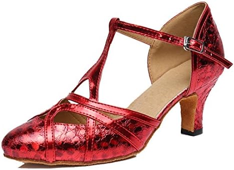 TDA Womens Mid Heel Printing Red PU Leather Salsa Tango Ballroom Latin Party Dance Shoes CM101 9.5 M US