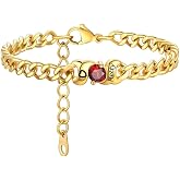 Custom4U Personalized Birthstone Bracelet for Women Name Bracelet | Custom Cuban Link Chain Bracelet 1-5 Birthstones Silver/Gold Birthday Mother's Day Christmas Jewelry Gifts for Grandma Mom