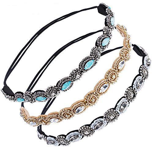iLoveCos Handmade Hair Band Elastic Headbands Rhinestone Crystal Beads Headband Hair Bands for Women Hair Accessories, Pack of 3