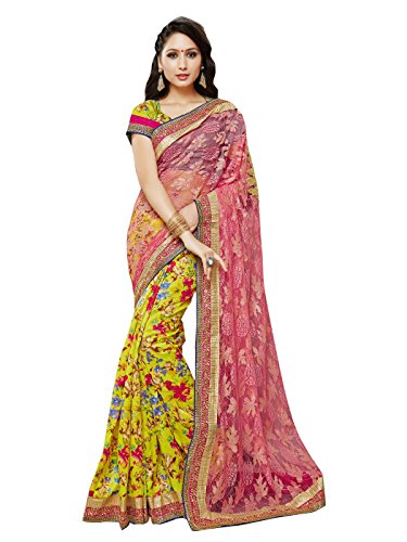Shonaya Women's Embroidered Faux Georgette Yellow Designer Saree With Unstitched Blouse Piece