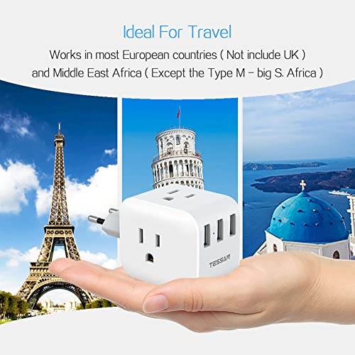 European Travel Plug Adapter, TESSAN 6 in 1 Travel Adapter with 3 AC
