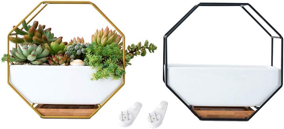 Vosarea 1PC Octagonal Hanging Air Plant Pots Metal Iron Frame Wall Planter Ceramic Flower Pot for Succulent Air Plants Mini Cactus Artificial Flowers (Black Frame)