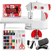 Hearth & Harbor Mini Sewing Machine for Beginners, Dual Speed Small Portable Sewing Machine for Kids and Adults with Extension Table, 48 Piece Gift Set Includes, Pedal, Projects Book and More, Red
