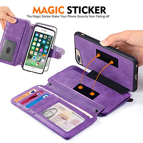 Cornmi Compatible for iPhone 8 Plus Wallet Case,Detachable Wallet Leather Cover 13 Card Slots Wristlet and Shoulder Strap Handbag Purse Flip Stand Slim Mirror case Compatible with iPhone 6/7 / 8 Plus