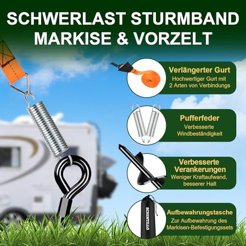 SCHINTILLO Storm Band Awning Set for Thule & Fiamma, Storm Protection for Awning Awning, Stabilisation Kit for Camping and Motorhome with 39 cm Thick Ground Anchor