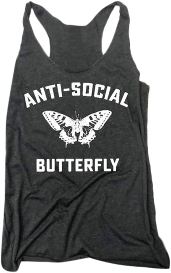 general3 Women Sleeveless Tank Tops Summer Fashion Anti-Social Butterfly Letter Print Yoga Workout Fitness Vest Shirt
