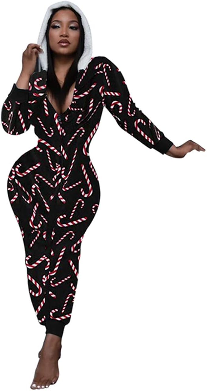 Women Hooded Jumpsuit Home Wear Christmas Long Sleeve Printed Jumpsuit