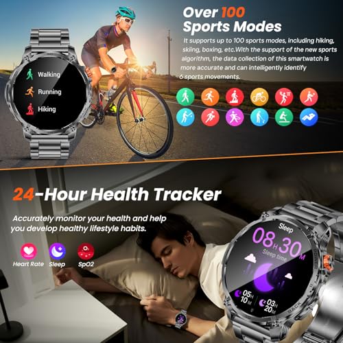 Men's Smart Watch Smartwatch Watch: 1.85 Inches Fitness Smart Watches with Bluetooth Call 5.3 Sleep Heart Rate Monitor SpO2 Pedometer 100+ Sports Modes Android iOS Compatibility Steel