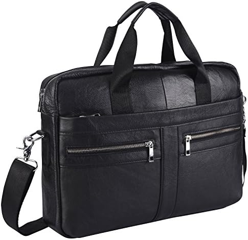 Leather Briefcase 15 inch Laptop Bag Messenger Shoulder Work Bag Crossbody Handbag for Business Travelling Men Father Husband (BFZ-BLACK)