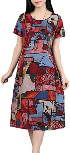 Best 77 fashion cotton linen vintage print women casual loose party dresses 8605 red XXL