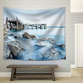 Old Jetty and Rocks - Fabric Wall Tapestry Home Decor - 51x60 inches