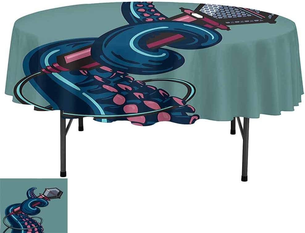 Aishare Store Waterproof Microfiber Tablecloth, D70 Inch Tablecloth for Wedding, Octopus Decor Octopus Tentacle Holding a Microphone Retro Style Cartoon Rock and Roll Art Teal Pink