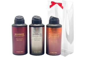 BATH & BODY WORKS Bath and Body Works Men's Collection Deodorizing Body Spray - Mahogany Teakwood, Graphite, and Bourbon 3.7oz each 3-piece Gift Set with a Red Bow for Holidays