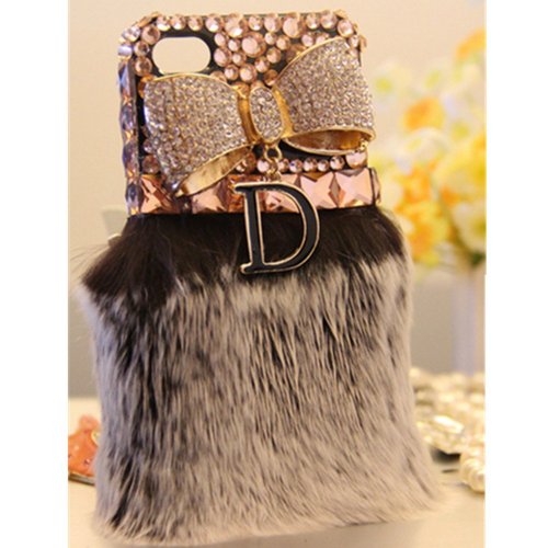 EVTECH(TM) Warm Plush Series Luxury Crystal Diamond Golden Bow D Pendent Bling Rhinestones Pearl Design Cover Case for Apple iPhone 4 4S 4G ,Verizon, AT&amp;T, T-mobile, Sprint and other Carriers (100% Handcrafted)