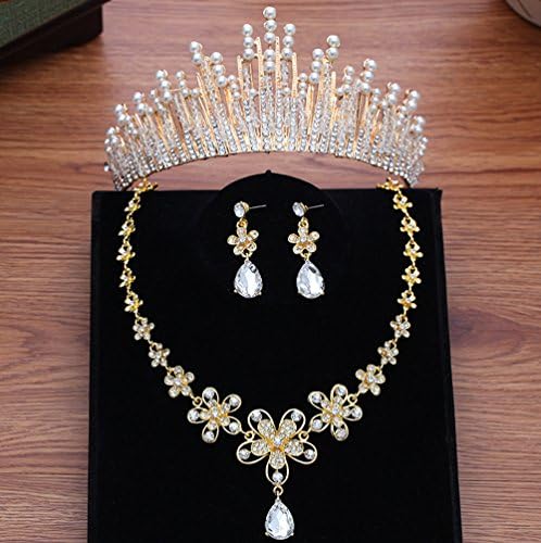 Crystal Pearls Gold Wedding Crowns Set Necklace Earrings Women Hair Jewelry Bridal Tiaras Headwear