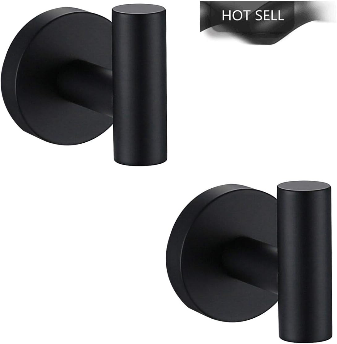 [2 Pack] Single Towel Hooks Bathroom, Matte Black Coat Hook, Bathroom Hardware Accessories, Robe Hook for Bath and Kitchen, SUS 304 Stainless Steel - - 