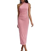 DRESSTELLS Women's Formal Wedding Guest One Shoulder Mesh Ruched Bodycon Cocktail Party Slit Maxi Dresses