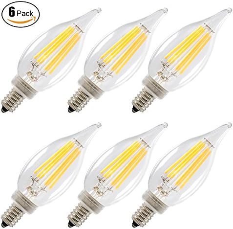 Solray LED 6 Pack 6W Dimmable E12 clear glass Bulbs, 60W Incandescent Equivalent, Candelabra Bulbs, 600lm, 360° Beam Angle, Warm White 2700K, LED Filament flame-tip Chandelier candle bulb UL listed
