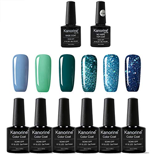 KANORINE 8pcs Nail Gel polish green series Set (6 colors + base & top coat) Soak off UV/LED Gel Nail Polish Long Lasting Gel Varnish Manicure Set 10ml x8pcs