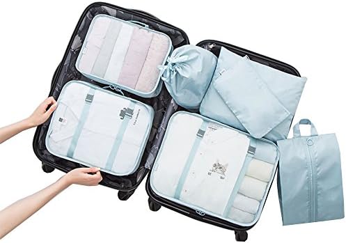 7pcs Waterproof Travel Storage Bags Luggage Organizer Pouch Clothes Packing Cubes Set(Blue)